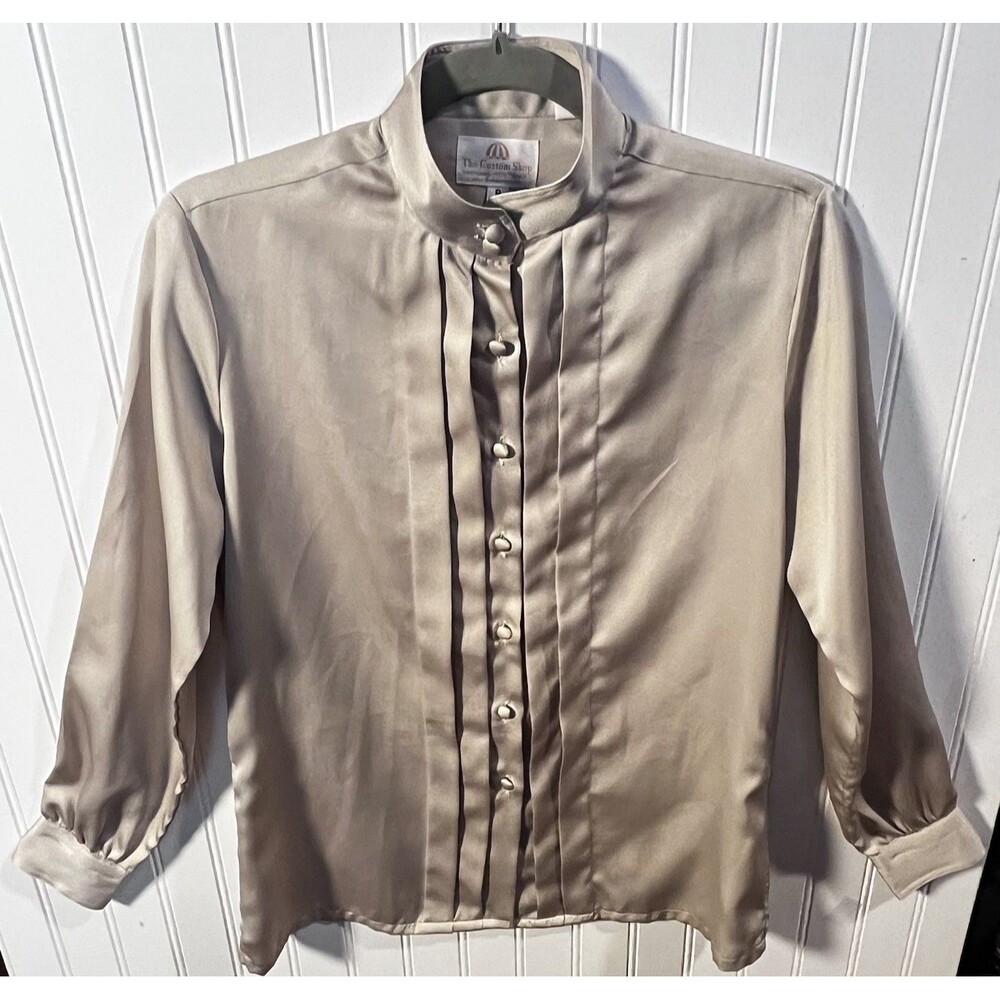 The Custom Shop Champagne Blouse Long Sleeve Pleated Front Mock Collar Size 8 - Picture 2 of 8